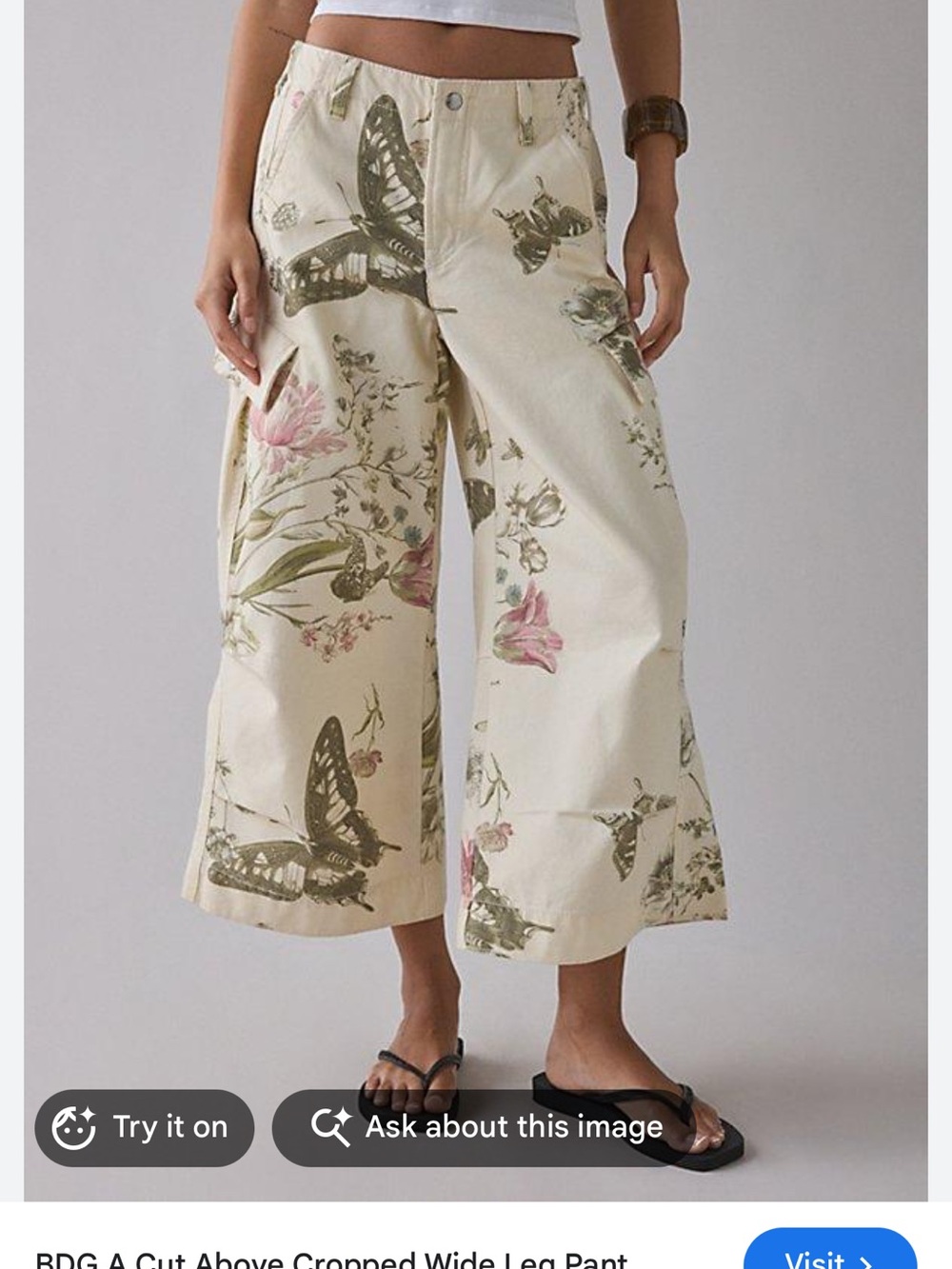 BDG Cropped Wide-Leg Floral & Butterfly Print Pants - Cream SOLD OUT - #136